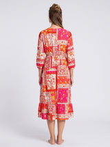 Robe Midi Femme Patchwork Fuchsia - Élégance Bohème