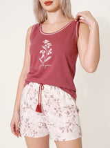 Ensemble Pyjama Femme Floral Bordeaux & Short Écru
