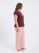 Ensemble Pyjama Femme Grande Taille Bordeaux & Pantalon Fleuri Rose