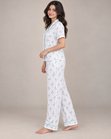 Ensemble Pyjama Femme Blanc à Fleurs Vert Menthe – Chemise & Pantalon