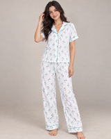 Ensemble Pyjama Femme Blanc à Fleurs Vert Menthe – Chemise & Pantalon