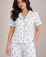Ensemble Pyjama Femme Blanc à Fleurs Vert Menthe – Chemise & Pantalon