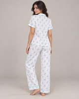 Ensemble Pyjama Femme Blanc à Fleurs Vert Menthe – Chemise & Pantalon