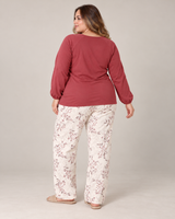 Ensemble Pyjama Femme Grande Taille Bordeaux & Pantalon Écru Imprimé
