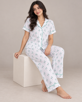 Ensemble Pyjama Femme Blanc à Fleurs Vert Menthe – Chemise & Pantalon