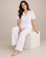 Ensemble Pyjama Femme Blanc à Fleurs Roses – Chemise & Pantalon