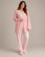 Ensemble Pyjama Femme 3 Pièces avec Veste en Dentelle rose