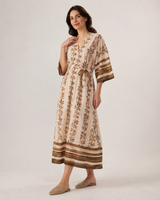 Robe Longue Femme Feuillage Beige - Coupe Fluide & Taille Marquée