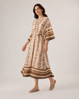 Robe Longue Femme Feuillage Beige - Coupe Fluide & Taille Marquée