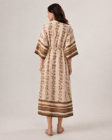Robe Longue Femme Feuillage Beige - Coupe Fluide & Taille Marquée