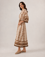Robe Longue Femme Feuillage Beige - Coupe Fluide & Taille Marquée