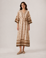 Robe Longue Femme Feuillage Beige - Coupe Fluide & Taille Marquée