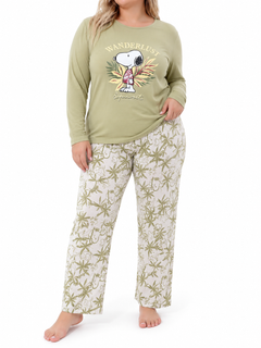 Ensemble Pyjama Femme Grande Taille Kaki Snoopy & Pantalon Feuillage