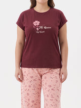 Ensemble Pyjama Femme Grande Taille Bordeaux & Pantalon Fleuri Rose