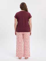 Ensemble Pyjama Femme Grande Taille Bordeaux & Pantalon Fleuri Rose