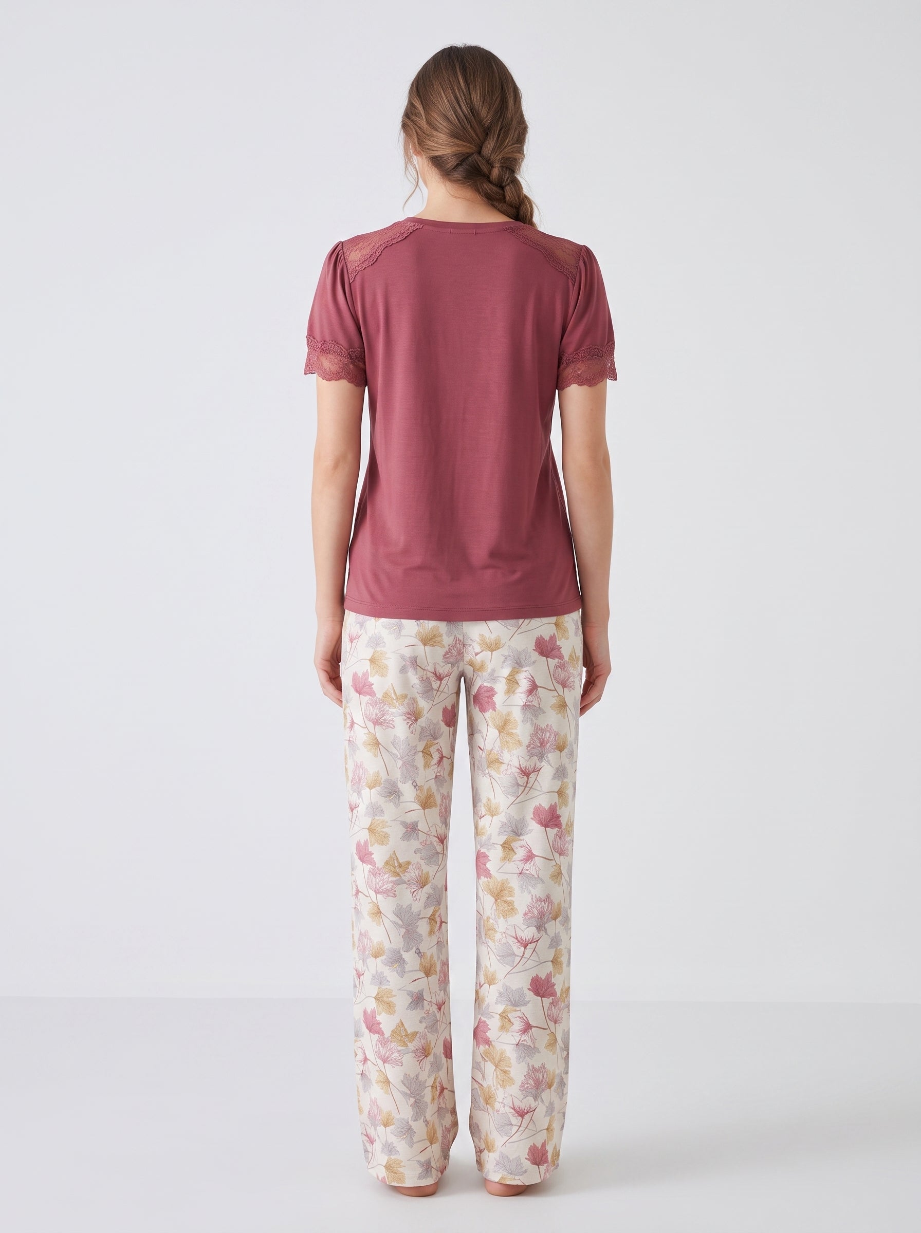 Ensemble Pyjama Femme Bordeaux & Pantalon Floral Blanc