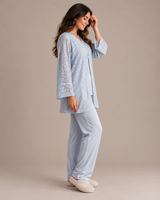 Ensemble Pyjama Femme 3 Pièces avec Veste en Dentelle bleu
