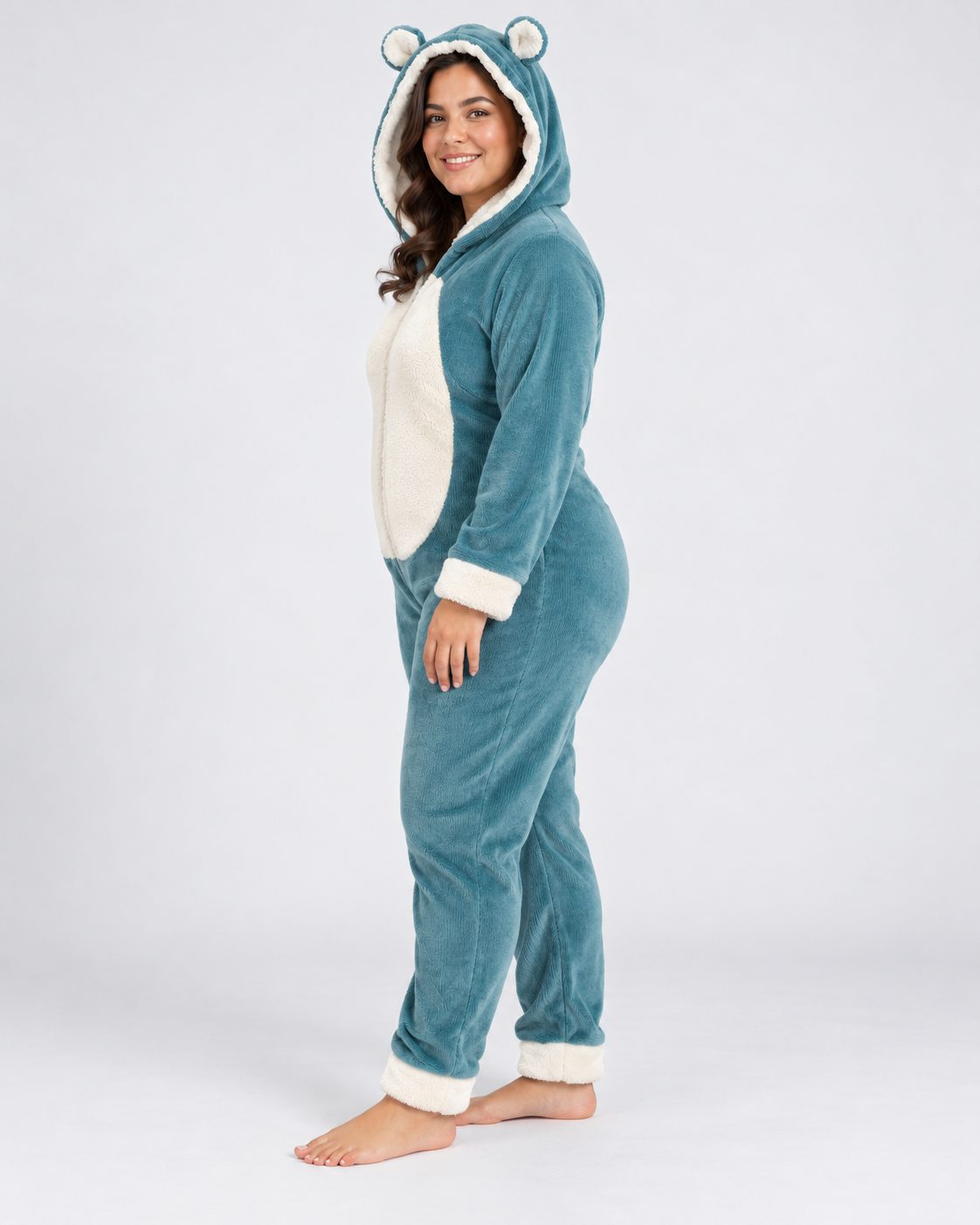 Combinaison Pyjama Femme à Capuche Oreilles – Bleu Canard - vue de côté