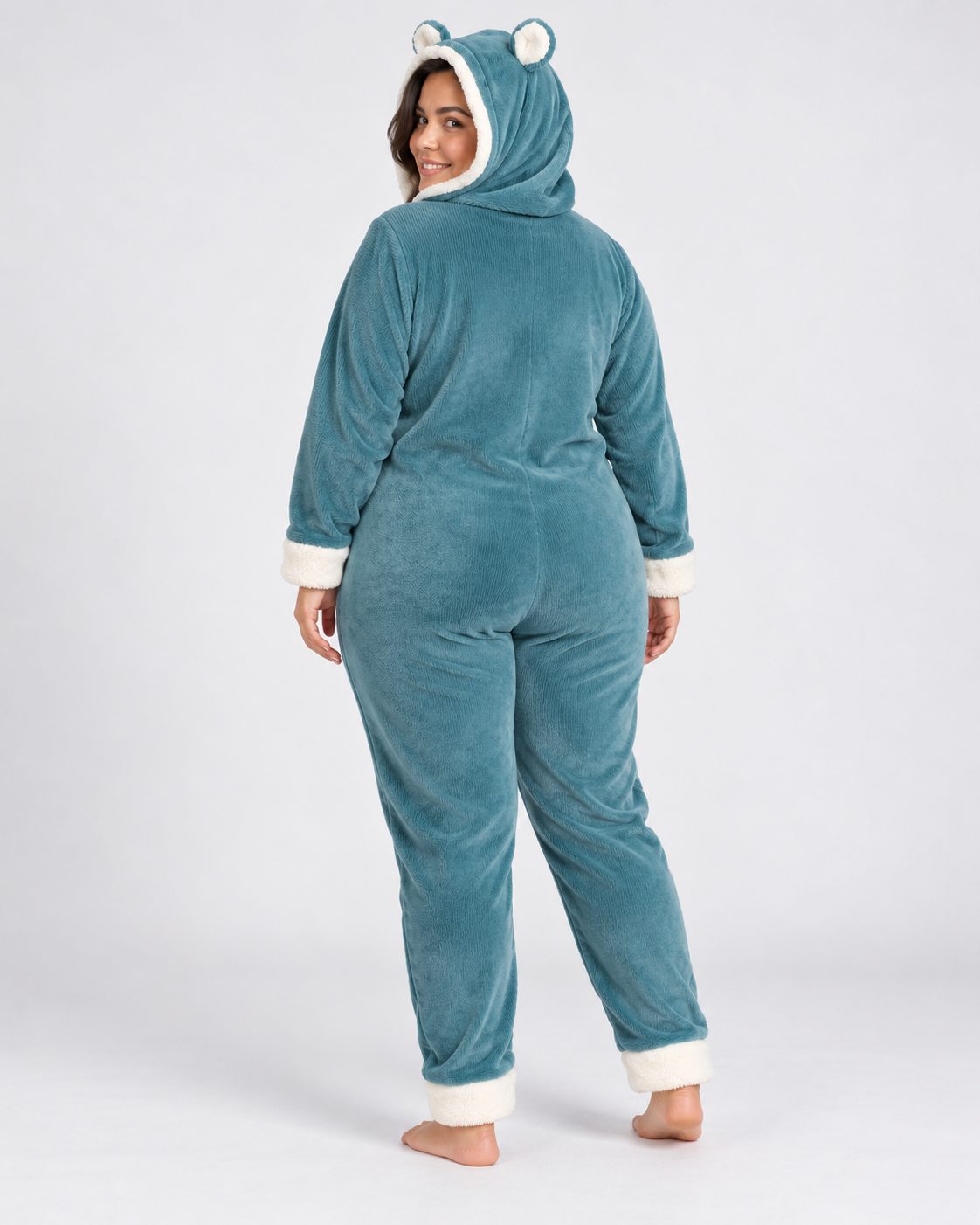 Combinaison Pyjama Femme à Capuche Oreilles – Bleu Canard - vue de dos