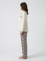 Ensemble Pyjama Femme Noir à Encolure Ornementale & Pantalon Imprimé