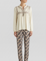 Ensemble Pyjama Femme Noir à Encolure Ornementale & Pantalon Imprimé