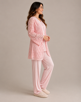 Ensemble Pyjama Femme 3 Pièces avec Veste en Dentelle rose