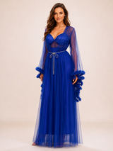 Ensemble Nuit de Mariée Long Bleu Royal à Détails Scintillants – coupe et style, pyjama femme Allure Maroc