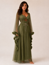Ensemble Nuit de Mariée Long Kaki à Détails Scintillants – détails et finitions, pyjama femme Allure Maroc