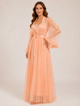 Ensemble Nuit de Mariée Long Pêche en Tulle – détails et finitions, pyjama femme Allure Maroc