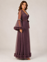 Ensemble Nuit de Mariée Long Prune en Tulle – coupe et style, pyjama femme Allure Maroc