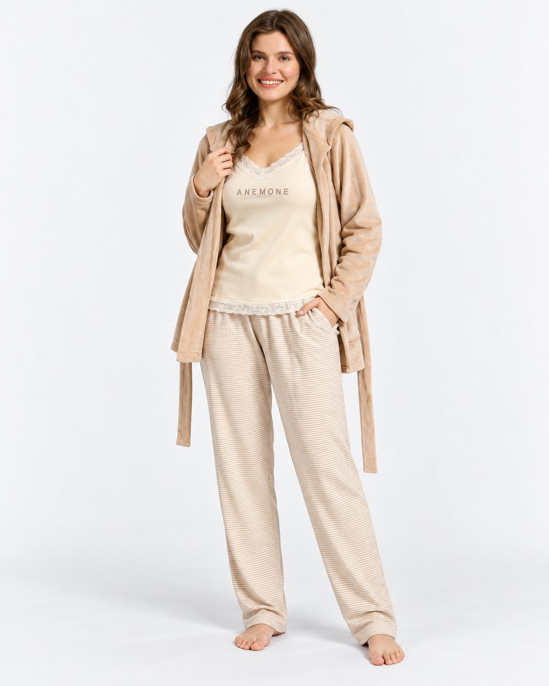 Ensemble Pyjama 3 Pièces Femme Beige – Gilet à Capuche - vue de face