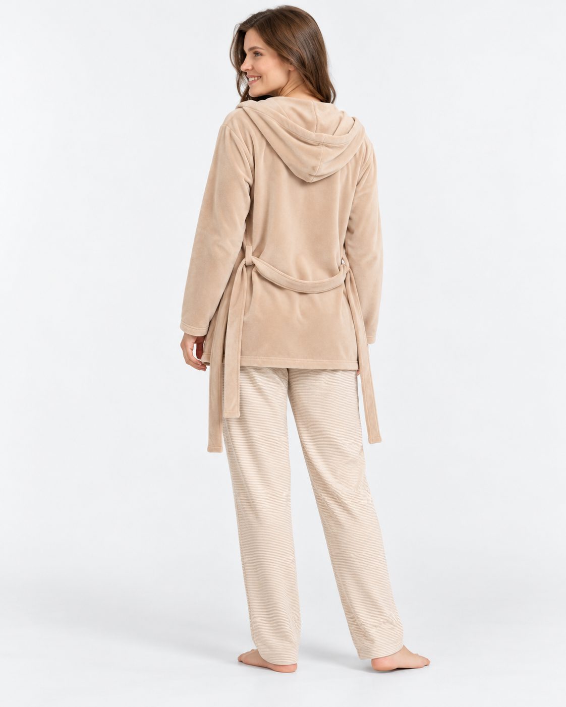 Ensemble Pyjama 3 Pièces Femme Beige – Gilet à Capuche - vue de dos