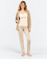 Ensemble Pyjama 3 Pièces Femme Beige – Gilet Long & Pantalon Rayé - vue de face