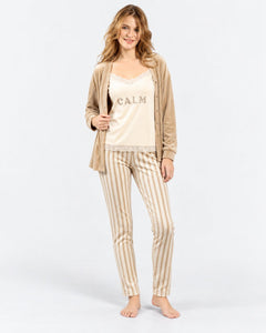 Ensemble Pyjama 3 Pièces Femme Beige – Gilet Long & Pantalon Rayé - vue de face
