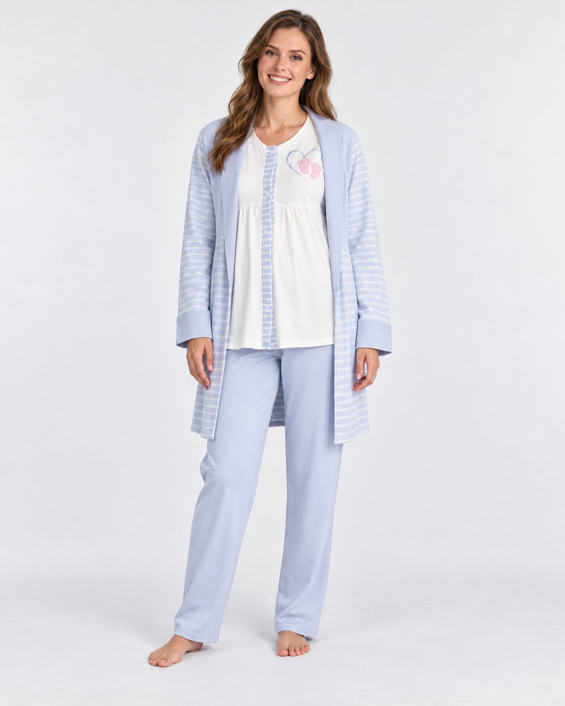 Ensemble Pyjama 3 Pièces Femme Bleu Rayé – Gilet Long - vue de face