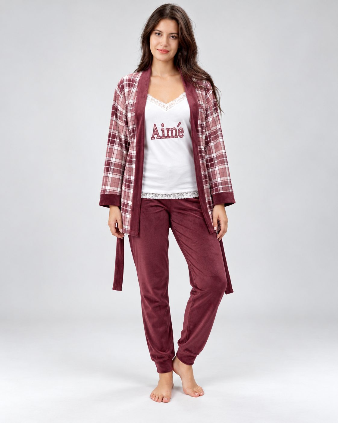 Ensemble Pyjama 3 Pièces Femme Bordeaux – Gilet à Carreaux - vue de face