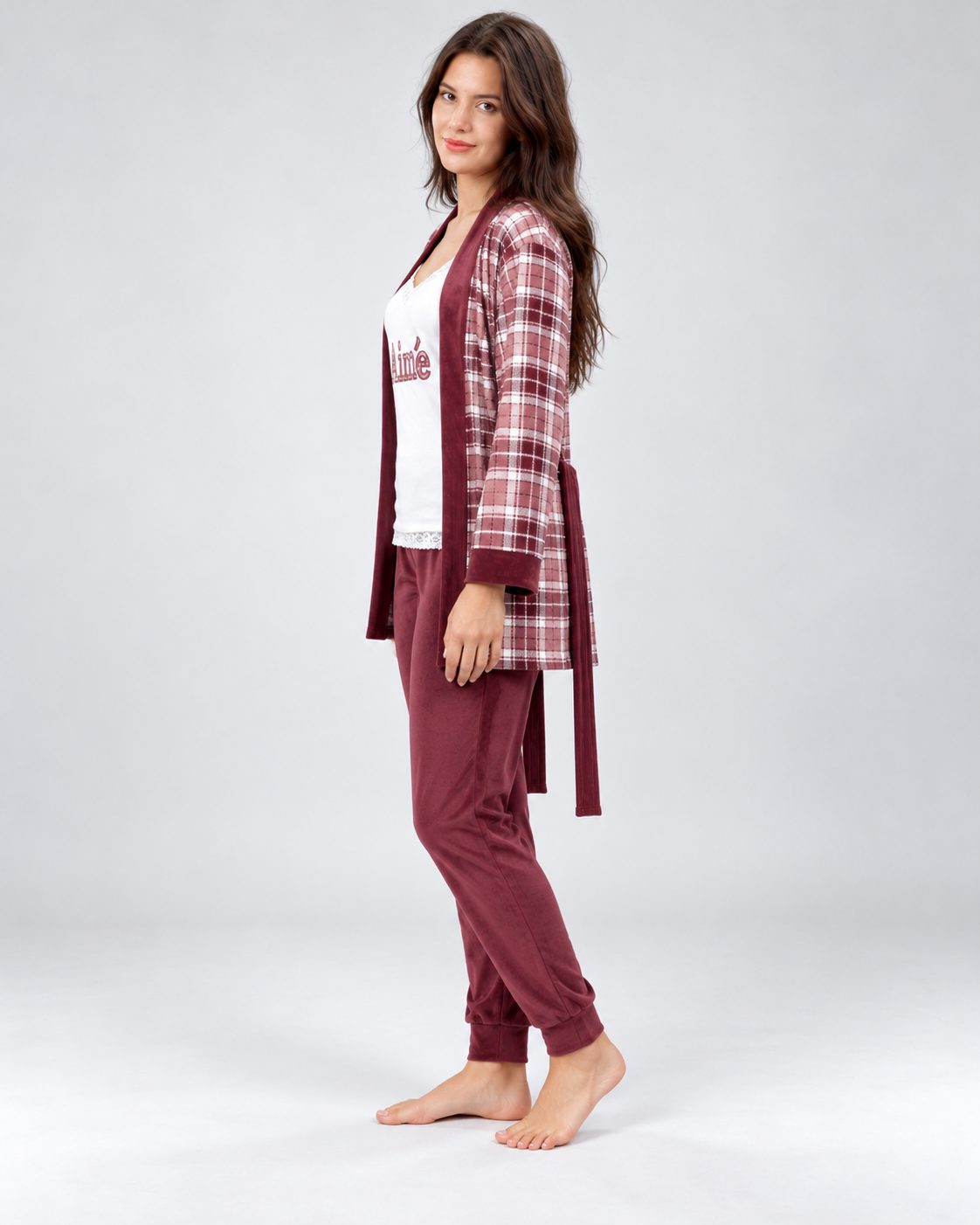 Ensemble Pyjama 3 Pièces Femme Bordeaux – Gilet à Carreaux - vue de côté