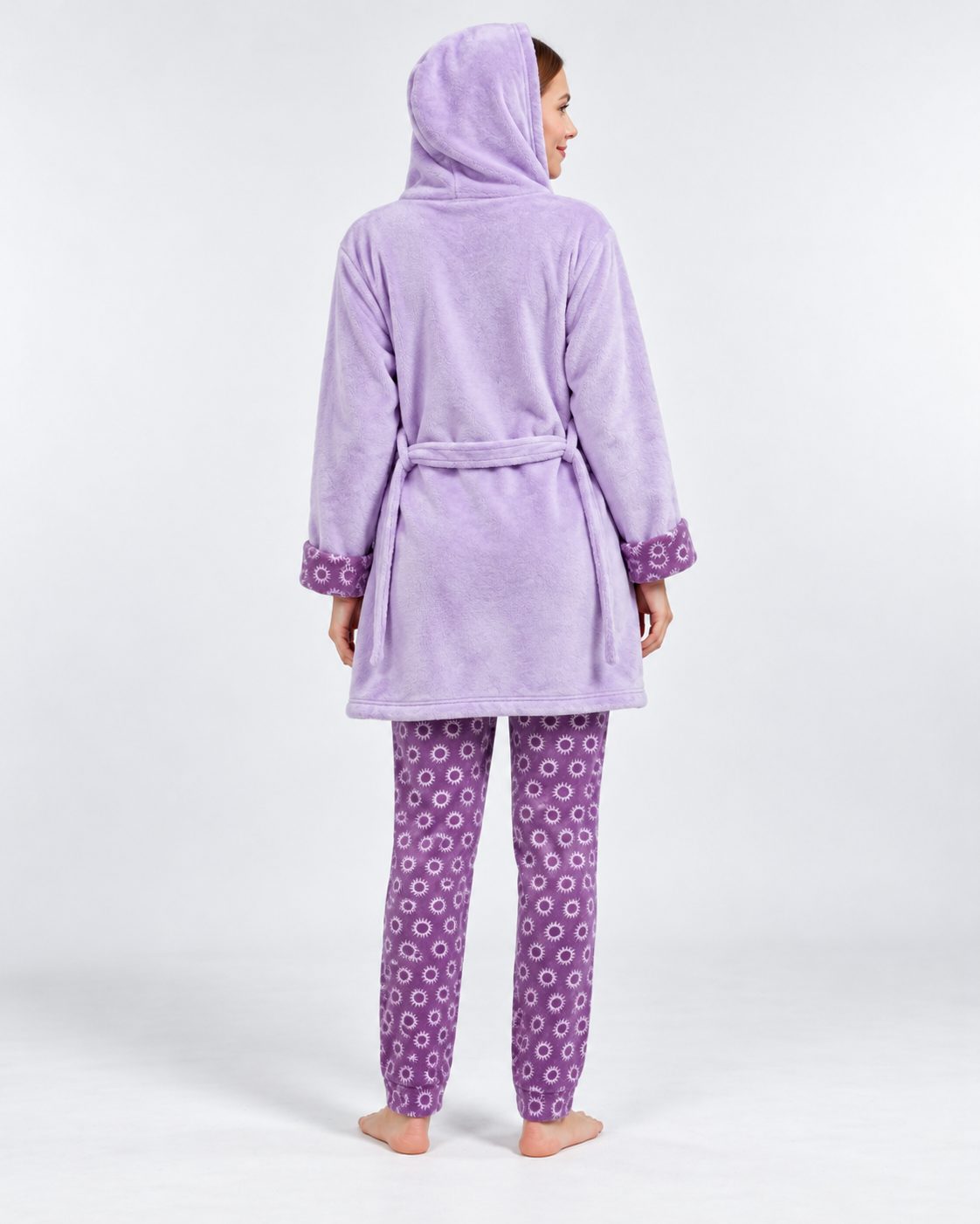 Ensemble Pyjama 3 Pièces Femme Lilas – Robe de Chambre à Capuche - vue de dos