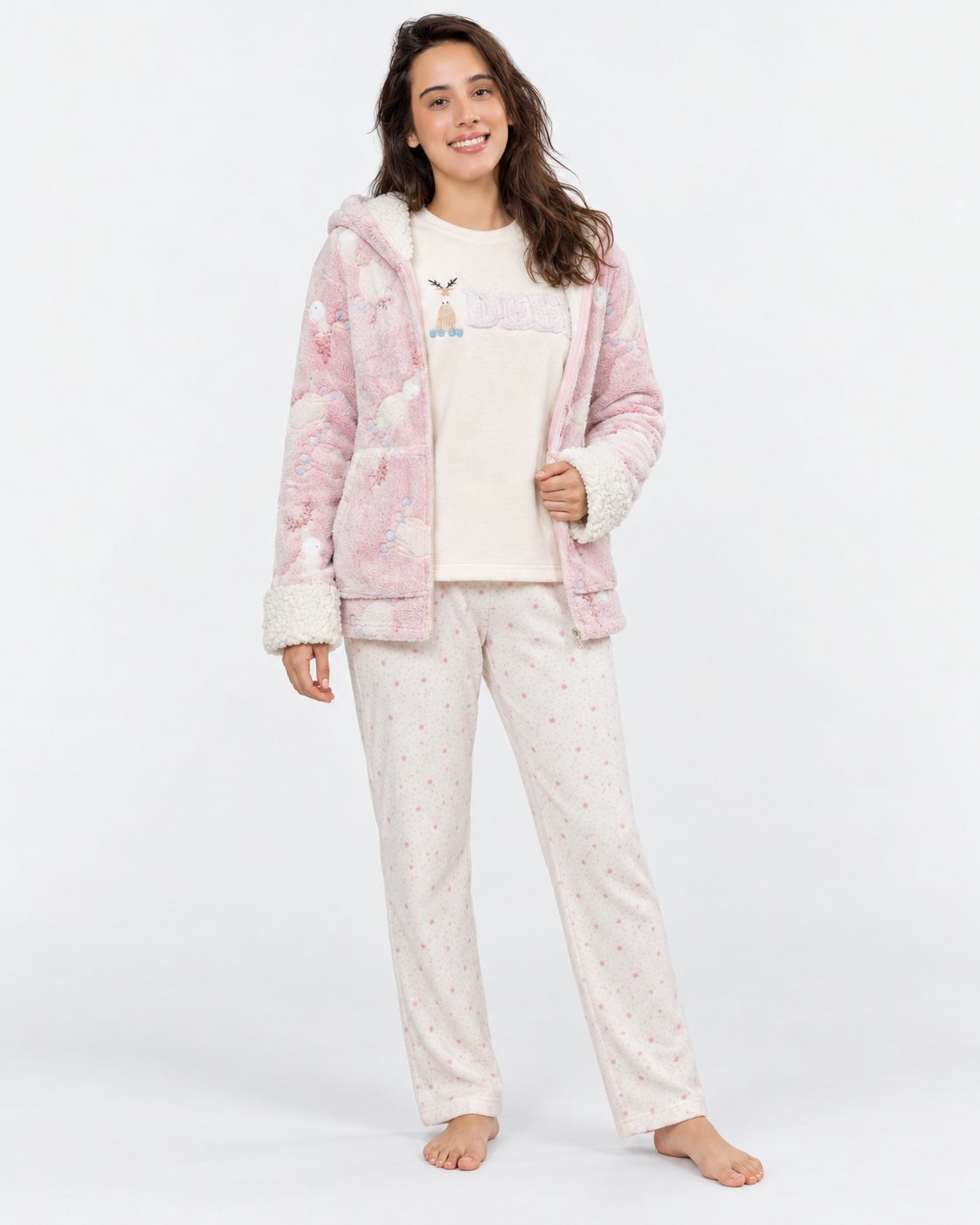 Ensemble Pyjama 3 Pièces Femme Rose – Veste à Capuche - vue de face