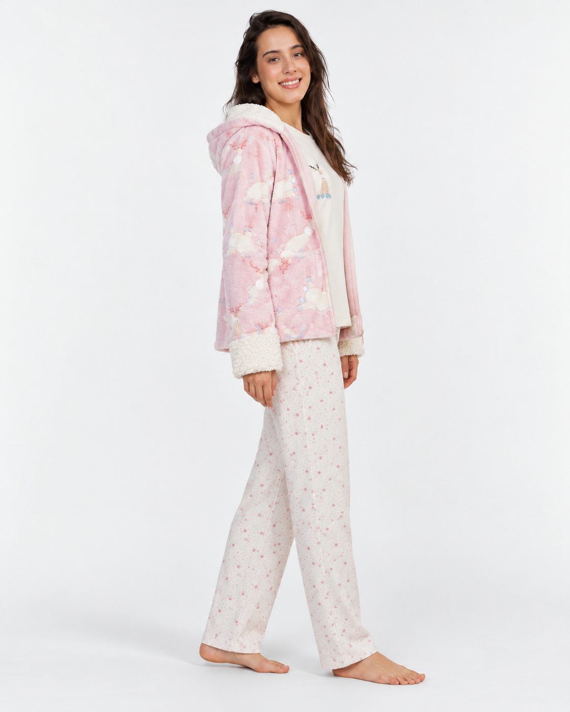 Ensemble Pyjama 3 Pièces Femme Rose – Veste à Capuche - vue de côté