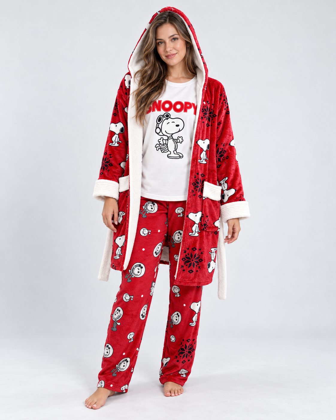 Ensemble Pyjama 3 Pièces Femme Rouge – Robe de Chambre à Capuche - vue de face