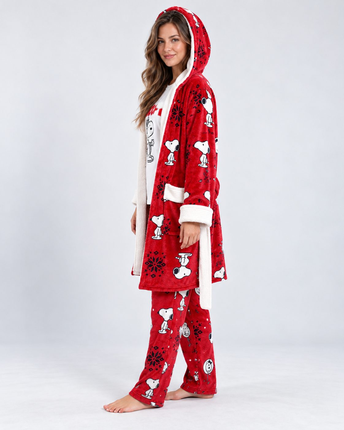 Ensemble Pyjama 3 Pièces Femme Rouge – Robe de Chambre à Capuche - vue de côté