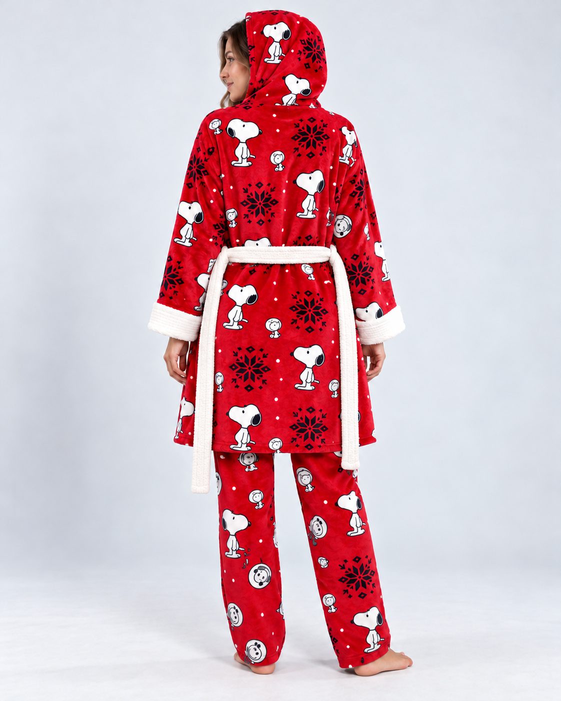 Ensemble Pyjama 3 Pièces Femme Rouge – Robe de Chambre à Capuche - vue de dos