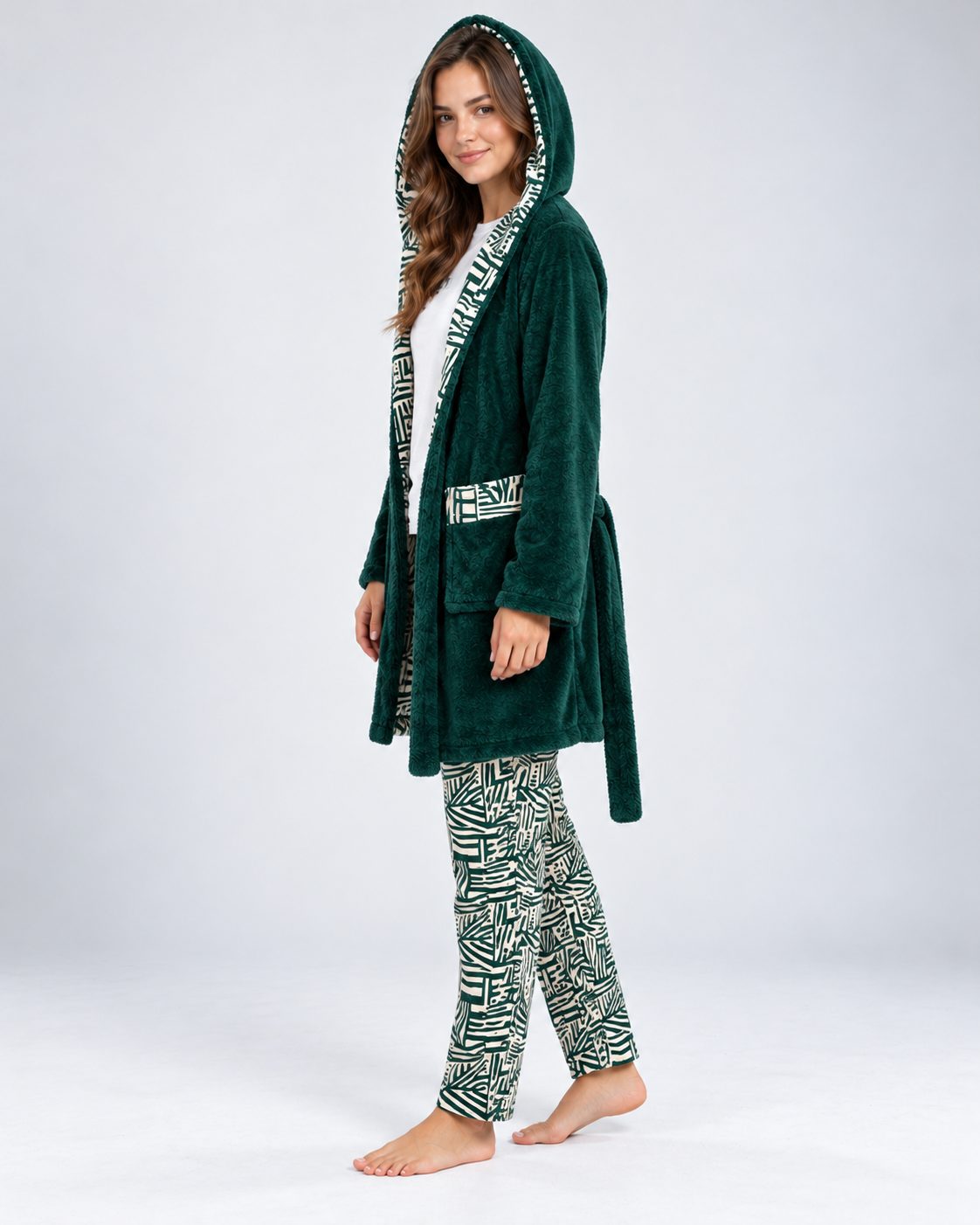 Ensemble Pyjama 3 Pièces Femme Vert – Robe de Chambre à Capuche - vue de côté