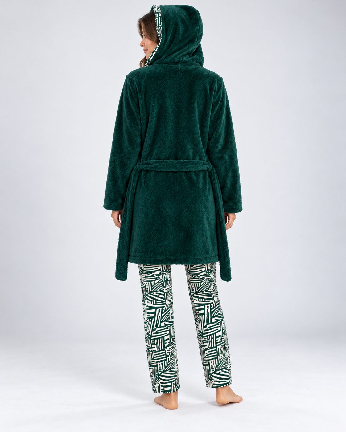Ensemble Pyjama 3 Pièces Femme Vert – Robe de Chambre à Capuche - vue de dos
