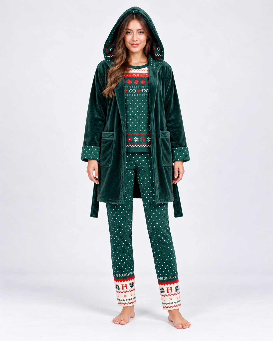 Ensemble Pyjama 3 Pièces Femme Vert Sapin – Motif Hiver - vue de face