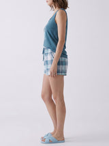 Ensemble Pyjama Femme Bear Bleu & Short Carreaux – coupe et style, pyjama femme Allure Maroc