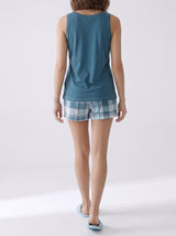 Ensemble Pyjama Femme Bear Bleu & Short Carreaux – détails et finitions, pyjama femme Allure Maroc