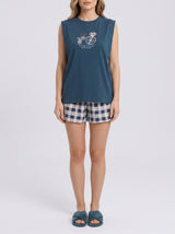 Ensemble Pyjama Femme Bleu Pétrole & Short Carreaux – vue principale, pyjama femme Allure Maroc