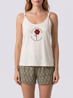 Ensemble Pyjama Femme Écru Fleur & Short Kaki Imprimé – vue principale, pyjama femme Allure Maroc